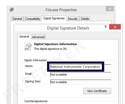 Screenshot of the National Instruments Corporation certificate